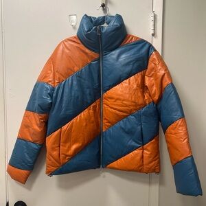 *NWT* Bottega Veneta Men’s Orange and Blue Striped Leather Puffer Jacket Size 46